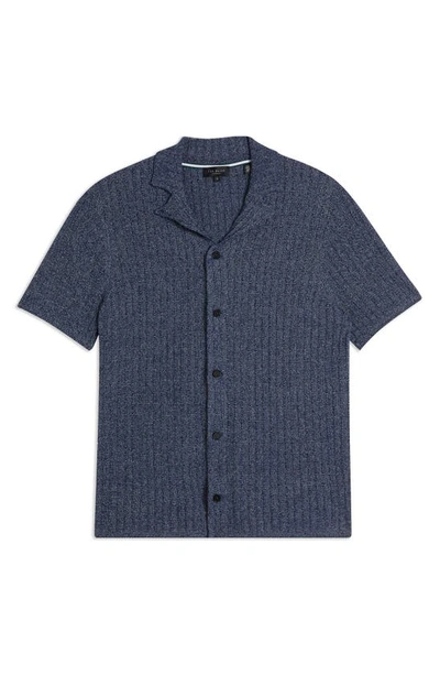 Shop Ted Baker Proof Rib Short Sleeve Button-up Knit Shirt In Navy
