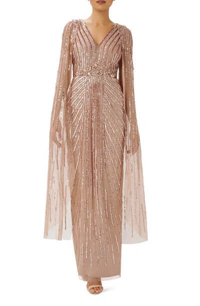 Shop Adrianna Papell Beaded Sequin Long Sleeve Cape Overlay Column Gown In Rose Gold