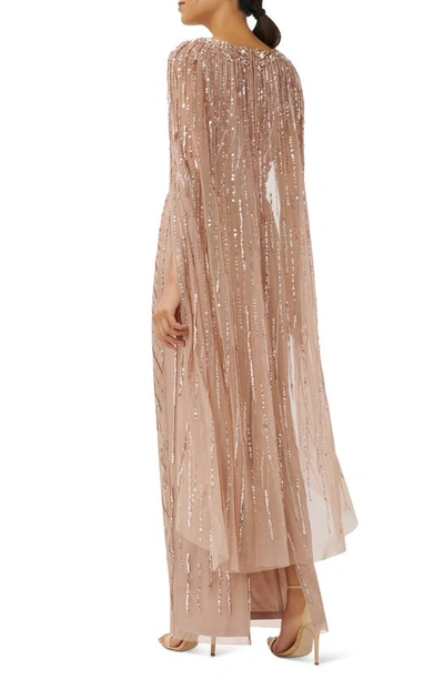Shop Adrianna Papell Beaded Sequin Long Sleeve Cape Overlay Column Gown In Rose Gold