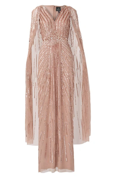 Shop Adrianna Papell Beaded Sequin Long Sleeve Cape Overlay Column Gown In Rose Gold