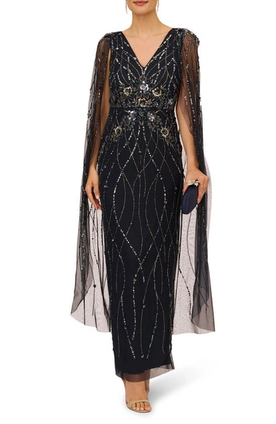 Adrianna Papell Beaded Sequin Long Sleeve Cape Overlay Column Gown