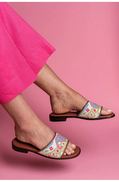Bypaige Needlepoint Stitched Slide Sandal In Turq