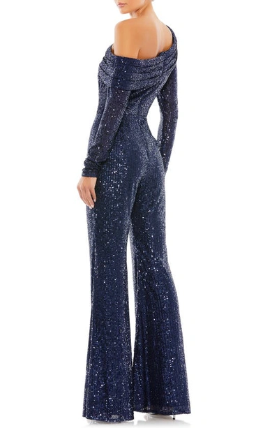 Shop Mac Duggal Sequin One-shoulder Long Sleeve Jumpsuit In Midnight
