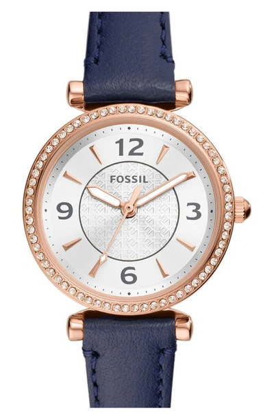 Shop Fossil Carlie Leather Strap Watch, 28mm In Navy