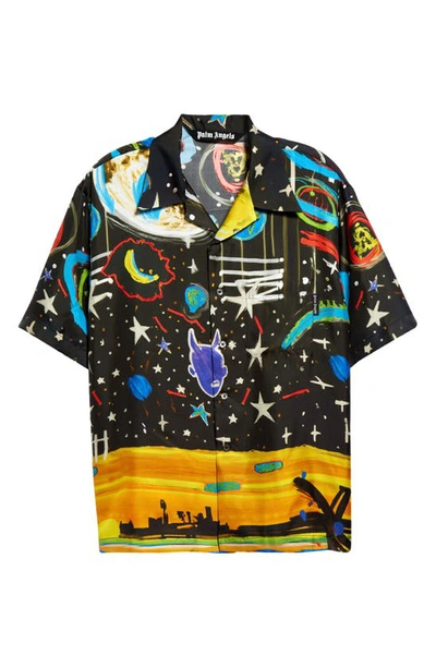 Shop Palm Angels Starry Night Short Sleeve Silk Button-up Bowling Shirt In Black Multicolor