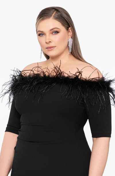 Xscape Feather Trim Off The Shoulder Cocktail Dress In Black