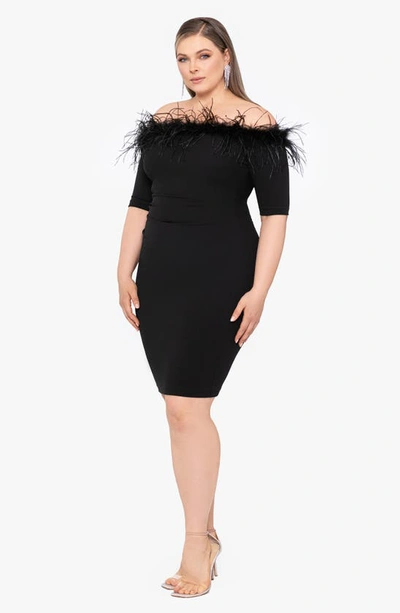 Xscape Feather Trim Off The Shoulder Cocktail Dress In Black