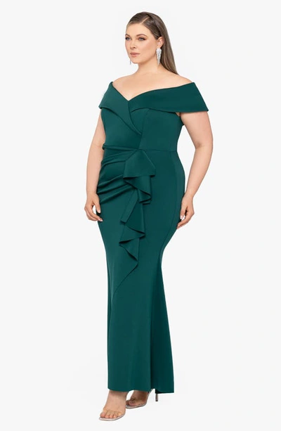 Xscape Off The Shoulder Long Scuba Crepe Dress In Hunter