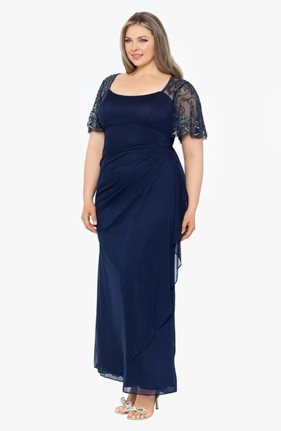 Shop Xscape Evenings Beaded Short Sleeve Ruched Gown In Navy