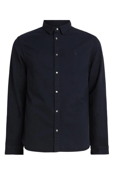 Shop Allsaints Gleason Chambray Snap-up Shirt In Blue Black