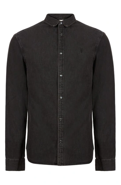 Shop Allsaints Gleason Chambray Snap-up Shirt In Washed Black
