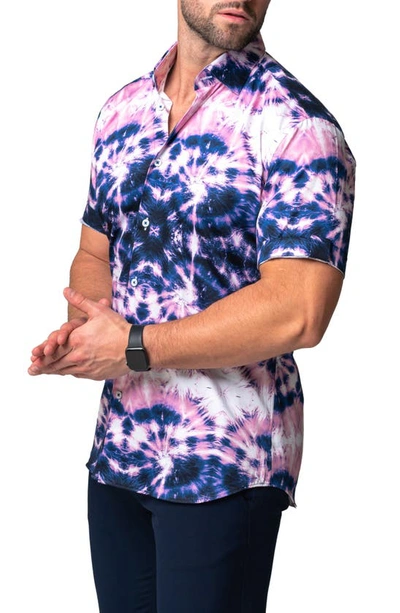 Maceoo Galileo Tie Dye Stars Short Sleeve Cotton Button-up Shirt In Blue