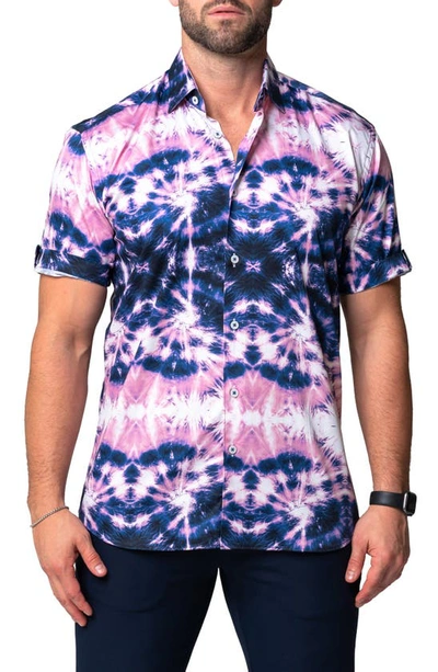 Maceoo Galileo Tie Dye Stars Short Sleeve Cotton Button-up Shirt In Blue