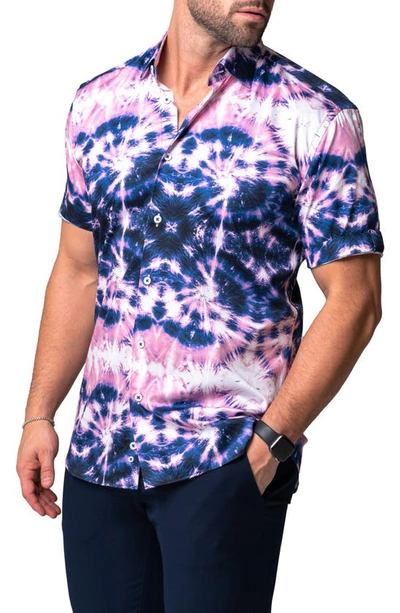 Maceoo Galileo Tie Dye Stars Short Sleeve Cotton Button-up Shirt In Blue