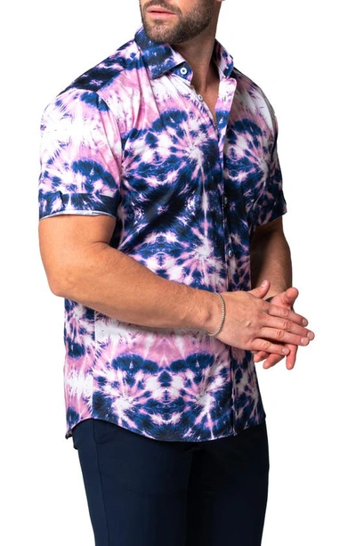 Maceoo Galileo Tie Dye Stars Short Sleeve Cotton Button-up Shirt In Blue