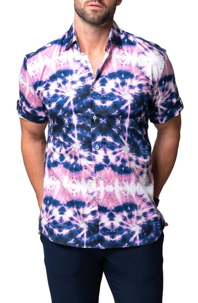 Maceoo Galileo Tie Dye Stars Short Sleeve Cotton Button-up Shirt In Blue