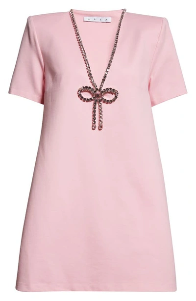 Area Crystal Bow V Neck T-shirt Dress In Pale Pink