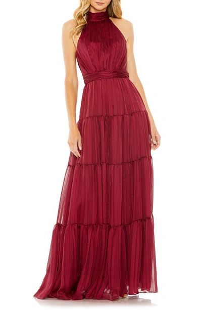 Shop Mac Duggal Bow Back Tiered A-line Gown In Burgundy