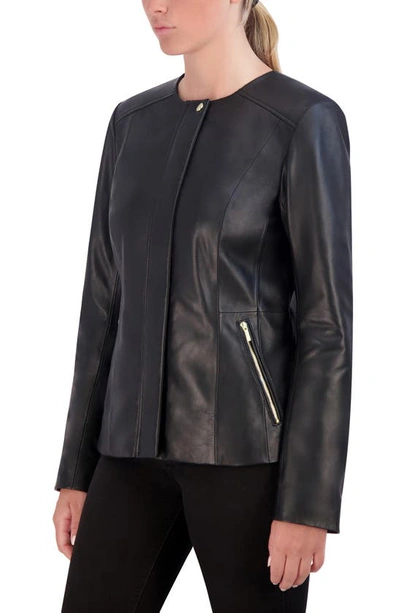 Shop Cole Haan Signature Collarless Leather Jacket In Black