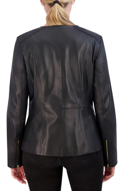 Shop Cole Haan Signature Collarless Leather Jacket In Black