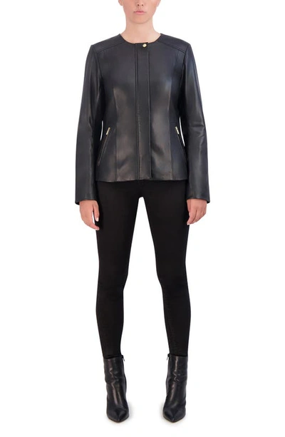 Shop Cole Haan Signature Collarless Leather Jacket In Black