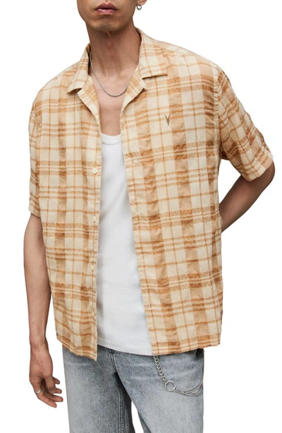 Shop Allsaints Buddy Plaid Textured Camp Shirt In Faded Taupe