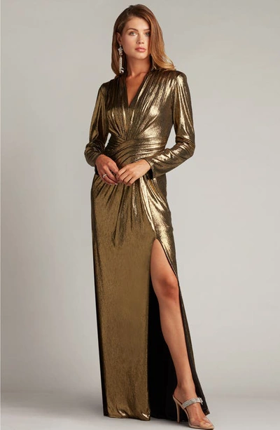 Shop Tadashi Shoji Draped Shimmer Long Sleeve Gown In Bronze