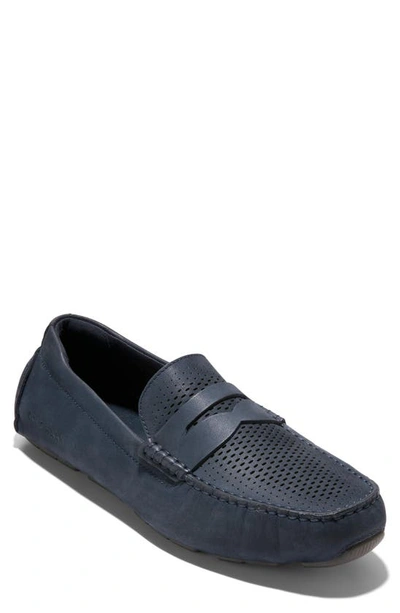 Shop Cole Haan Grand Laser Driving Penny Loafer In Navy Ink Nubuck/ Pavement