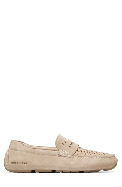 Shop Cole Haan Grand Laser Driving Penny Loafer In Sesame Suede/ Dune