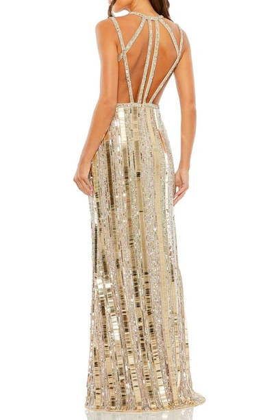 Shop Mac Duggal Embellished Open Back Gown In Gold/ Silver