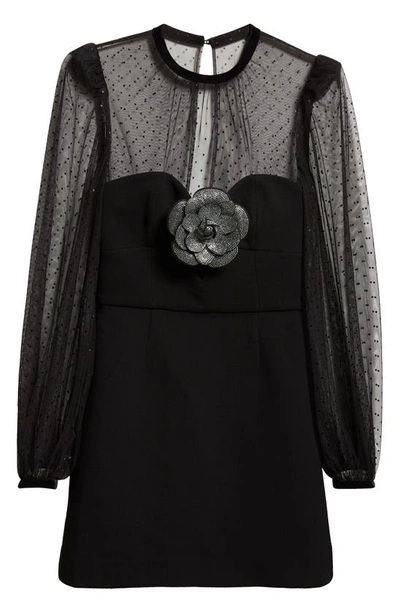 Shop Rebecca Vallance Yvonne Diamante Rosette Long Sleeve Mixed Media Dress In Black