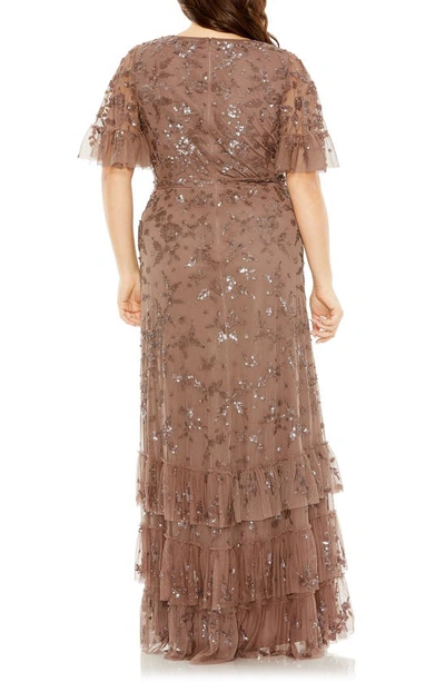 Shop Fabulouss By Mac Duggal Sequin Floral Flutter Sleeve Gown In Chocolate
