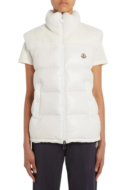 Shop Moncler Lempa Down Puffer Vest With Faux Fur Trim In White