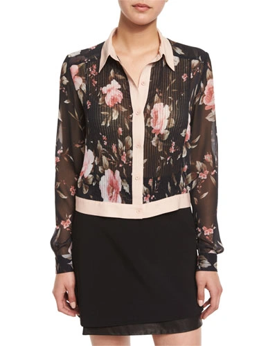 Alice And Olivia Amalia Floral-print Long-sleeve Cropped Blouse, Multi Colors