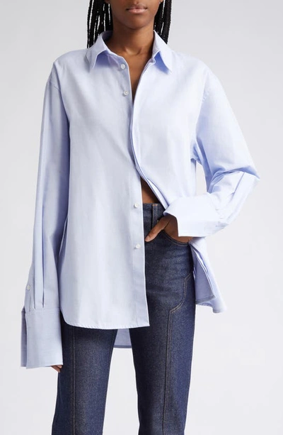 Shop K.ngsley Gender Inclusive Snider Splice Cotton Button-up Shirt In White/ Blue