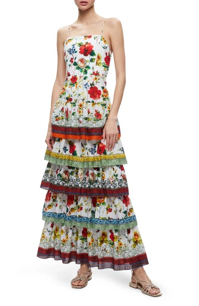 Shop Alice And Olivia Valencia Floral Tiered Cotton Dress In Dew Floral