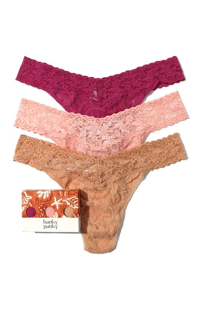 Shop Hanky Panky Assorted 3-pack Lace Original Rise Thongs In Wild Rose/rosewater Pink/honey