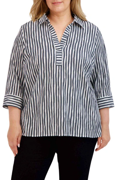 Shop Foxcroft Sophie Crinkled Stripe Cotton Blend Button-up Shirt In Black