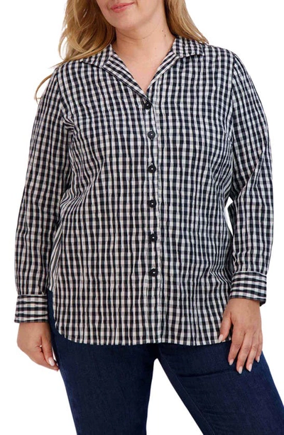 Shop Foxcroft Pandora Gingham Cotton Blend Button-up Shirt In Black