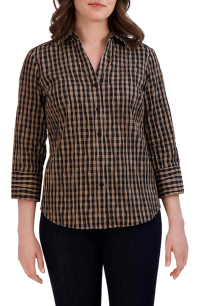 Shop Foxcroft Mary Crinkled Gingham Cotton Blend Shirt In Almond/ Black