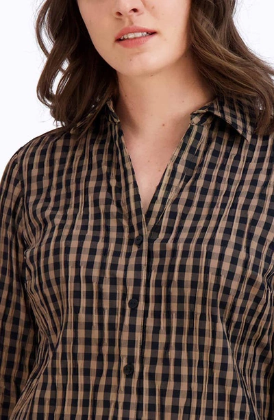 Shop Foxcroft Mary Crinkled Gingham Cotton Blend Shirt In Almond/ Black
