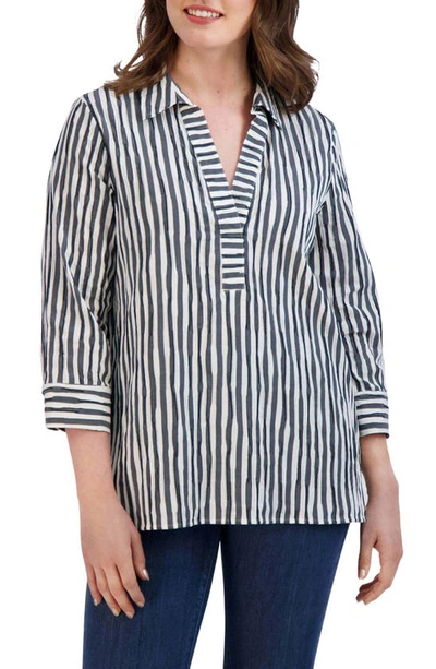 Shop Foxcroft Sophie Crinkle Stripe Cotton Blend Popover Shirt In Black