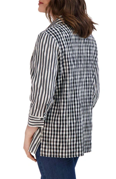 Shop Foxcroft Sophie Crinkle Stripe Cotton Blend Popover Shirt In Black