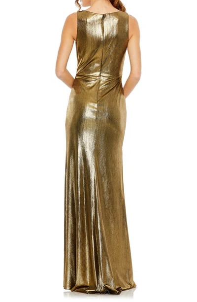 Shop Mac Duggal Ruched Metallic Side Slit Gown In Antique Gold