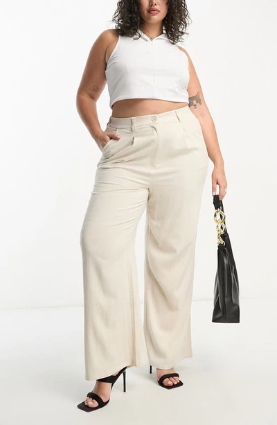 Shop Asos Design Curve Pleated Wide Leg Trousers In Stone