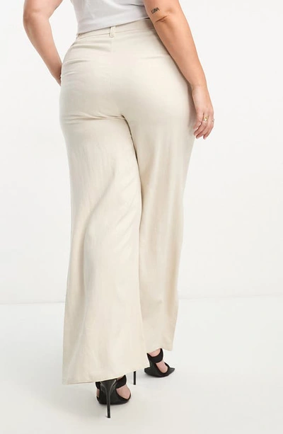 Shop Asos Design Curve Pleated Wide Leg Trousers In Stone