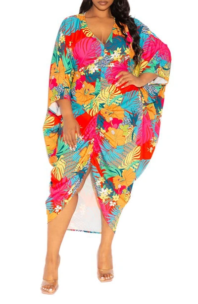 Shop Buxom Couture Print Cinch Waist Caftan Dress In Red Floral