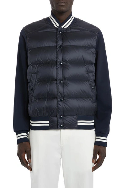 Shop Moncler Quilted Nylon & Cotton Knit Varsity Cardigan In Navy