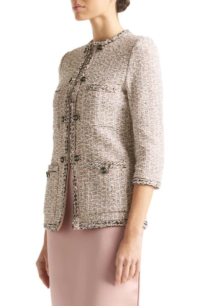 St John Boucle Slub Tweed Knit Jacket In Black/ Ivory/ Pink Multi