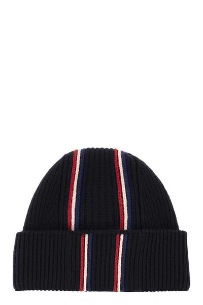 Shop Moncler Tricolour Wool Hat In Blue